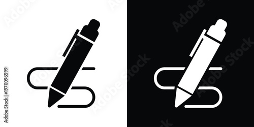 Vector icon of a pencil creating a signature stroke. Concept for digital signing, contract approval, and creative writing. Minimalist black and white design for web and app interfaces.