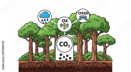 Forest ecosystem carbon cycle diagram showing trees absorbing carbon dioxide and releasing oxygen vector illustration