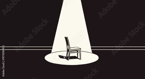 A lone chair sits under a spotlight on a dark stage, symbolizing isolation, anticipation, or an audition