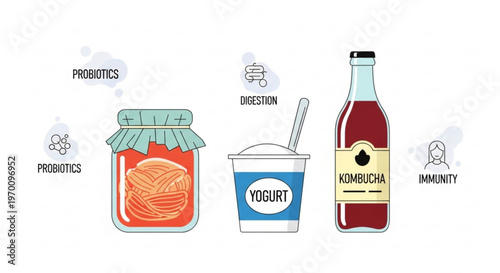 Healthy gut icons set including yogurt kombucha and probiotics for digestive health vector illustration