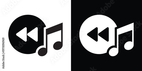 Minimalist music player icon featuring a play button circle and musical notes. Represents digital audio streaming, multimedia playback, and sound entertainment applications.