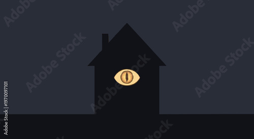 Ominous house silhouette shrouded in darkness, featuring a glowing golden eye that watches from within, symbolizing secrets, mystery, and a pervasive sense of unease