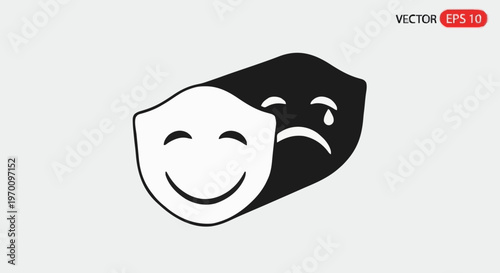 A conceptual representation of emotional duality, showing intertwined happy and sad masks, symbolizing the complex range of human feelings and the hidden depths of the mind