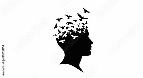 Silhouette of a human head with a flock of birds flying out, symbolizing freedom, creativity, and the release of ideas