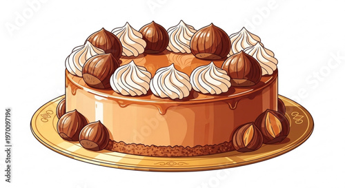 Round chocolate cake decorated with whole hazelnuts and whipped cream swirls on golden plate
