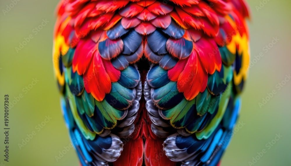 Obraz premium The image features a close up view of a colorful bird's back, showcasing an intricate array of feathers in vibrant hues of red, blue, green, yellow, and black