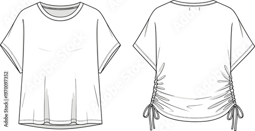 Casual women t-shirt outline with ruched side drawstrings, front and back view apparel template for modern fashion design