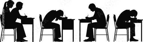 Black silhouette of students sitting at desks in classroom writing on paper during exam or test studying learning education and academic knowledge concept