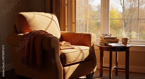 A cozy armchair with a blanket and a cup of coffee on a small table, with a window in the background showing autumn leaves.
