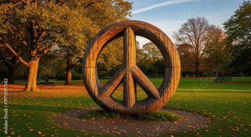 A large wooden peace sign sculpture in a park, surrounded by trees and a grassy field, with a golden sunset in the background.