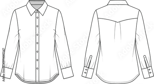 Classic long sleeve button down shirt technical fashion flat sketch front and back view apparel design vector illustration template outline