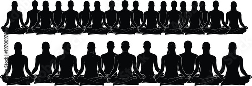Black silhouettes of a large group of people practicing yoga in lotus position for mindfulness meditation wellness health fitness and spiritual zen balance