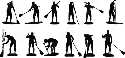 Comprehensive collection of black vector silhouettes featuring various stand up paddle boarding athletes in different rowing and balancing poses over a white background.