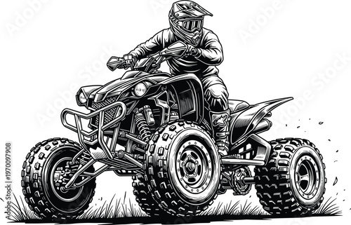 Action packed black and white vector illustration of a professional rider on an all terrain vehicle quad bike racing through grassy offroad terrain.