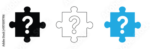 featuring a puzzle piece with a question mark to represent a problem, mystery or missing solution. Puzzle pieces with question marks in black, line, and blue Vector illustration
