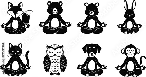 Adorable black silhouette vector set of diverse forest and domestic animals including fox bear rabbit cat owl dog and monkey meditating peacefully in lotus pose for mindfulness and wellness themes.
