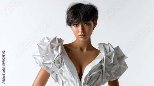 Asian female wearing geometric origami-inspired white dress