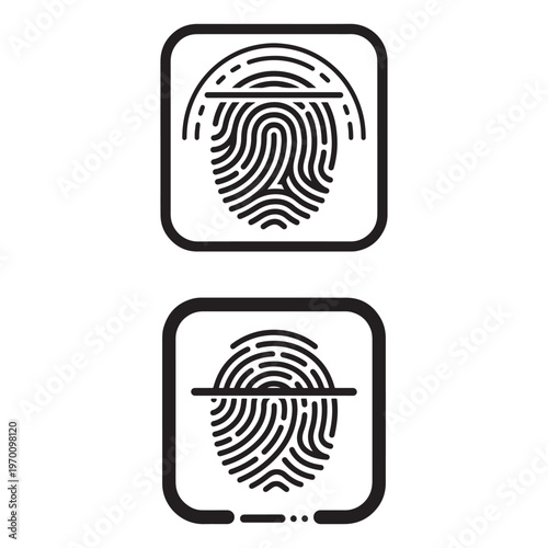 A pair of black and white fingerprint scanning icons for secure digital identification systems. Vector, illustration