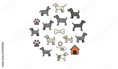 Dog icon collection with pet symbols silhouettes and paw print vector illustration