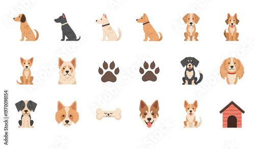 Dog icon vector set with pet symbols breeds paw print bone and house icons