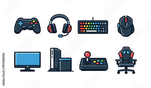Gaming accessories set: game controller, gaming headset, keyboard rgb, mouse device, monitor screen, console box, joystick arcade, gaming chair