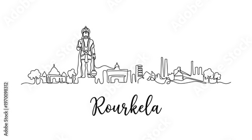 Rourkela city skyline with Hanuman statue continuous line art vector illustration