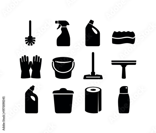 Bathroom cleaning supplies: toilet brush, disinfectant spray, bleach bottle, scrubbing sponge, rubber gloves, bucket, mop, squeegee, drain cleaner