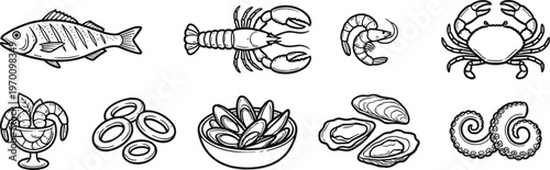 Seafood delights a hand drawn collection of fish lobster crab shellfish and oyster illustrations