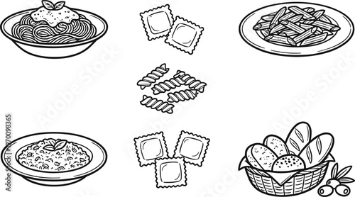 Hand drawn illustration of various food items bowls baskets and packaged snacks a culinary collection