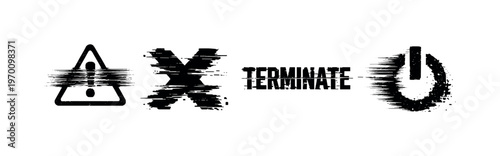 Digital abrupt failure and system termination theme, a set of 3 glitch-distorted monochrome objects placed on a perfectly clean white background