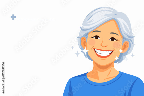 Smiling elderly woman with gray hair wearing blue shirt  