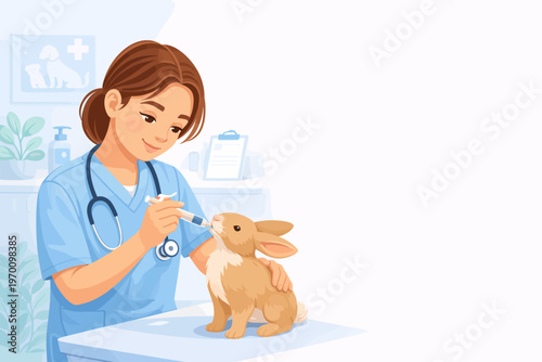 Veterinarian caring for rabbit in animal clinic with natural colors  