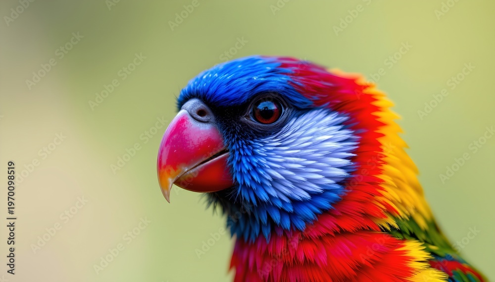 Fototapeta premium The image features a close up of a vividly colored bird with striking plumage that includes shades of blue, red, yellow, green, and orange