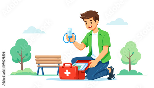 Young man examining medical supplies from first aid kit in park  