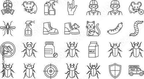 Pest Control Line Icon Set Featuring Insects Bugs Rodents Exterminator Tools and Hygiene Symbols for Cleaning and Protection Design