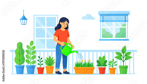 Woman watering plants in colorful pots on balcony in daytime  