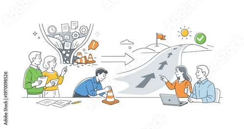 A clear bottleneck identification scenario where a team analyzes workflow delays and removes obstacles during a process review session, centered