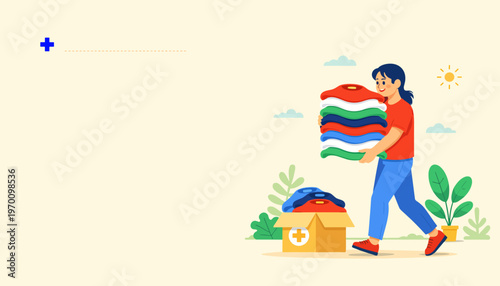 Woman carrying stack of colorful clothes to donation box outdoors  