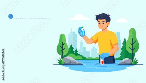 Young man testing water quality while standing in a river with trees  
