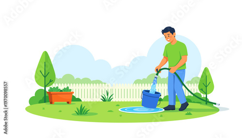 Man watering plants in garden with hose and bucket on sunny day  