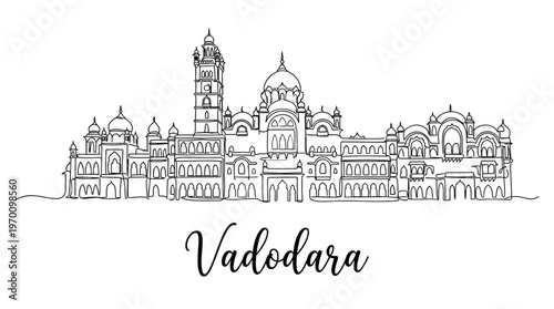 Vadodara city skyline with Laxmi Vilas Palace architecture minimalist line art vector illustration