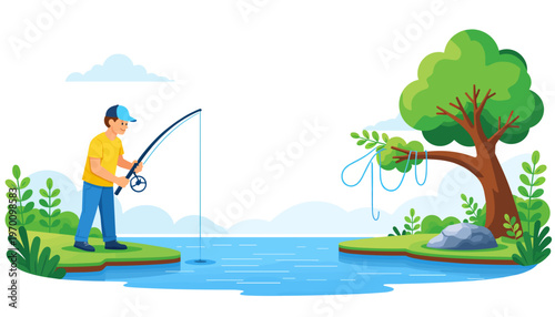 Young man fishing by the lake in sunny outdoor nature scene  