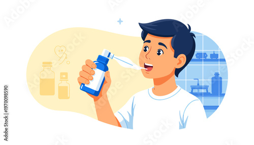 Young boy rinsing mouth with mouthwash in bathroom setting  