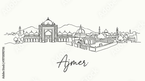 Ajmer city skyline featuring Dargah Sharif mosque in continuous line drawing vector