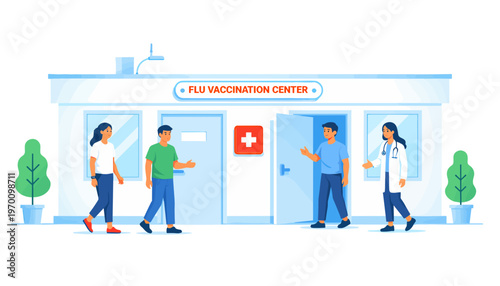 People visiting flu vaccination center with health professionals 