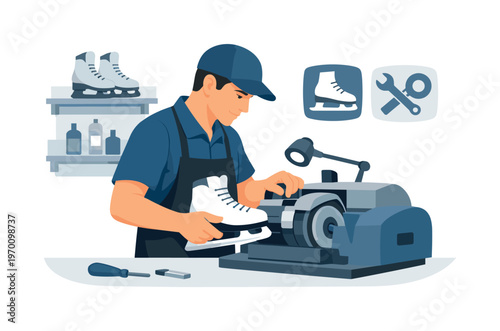A skate sharpening service scene where a technician carefully sharpens ice skate blades in a small workshop with precise manual control, a skate and a