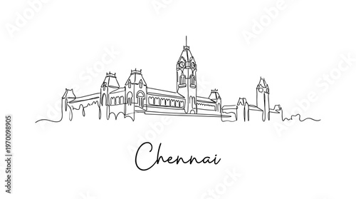 Chennai Central Railway Station skyline continuous line art isolated on white background vector illustration