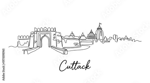 Cuttack India city skyline and Barabati Fort continuous line art vector illustration