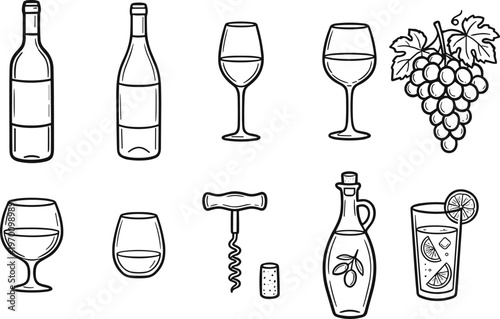Elegant wine collection a hand drawn sketch featuring bottles glasses and grapevine elements