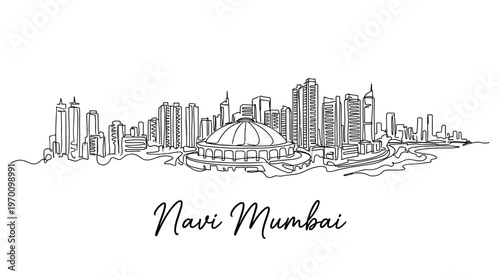 Continuous line drawing of Navi Mumbai skyline featuring DY Patil Stadium vector illustration